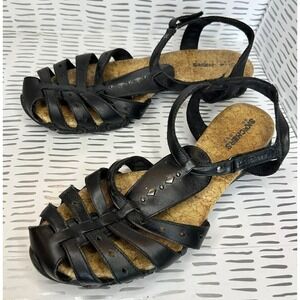 Skechers Caliper Women Black Leather Gladiator Strappy Cork Footbed Sandals Sz 8